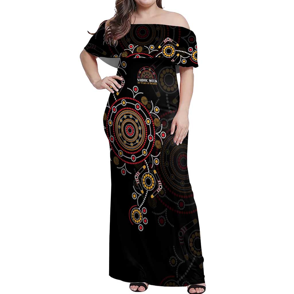 NAIDOC Deadly 50 Years Off Shoulder Maxi Dress Aboriginal Black Gold Boomerang Art