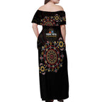NAIDOC Deadly 50 Years Off Shoulder Maxi Dress Aboriginal Black Gold Boomerang Art