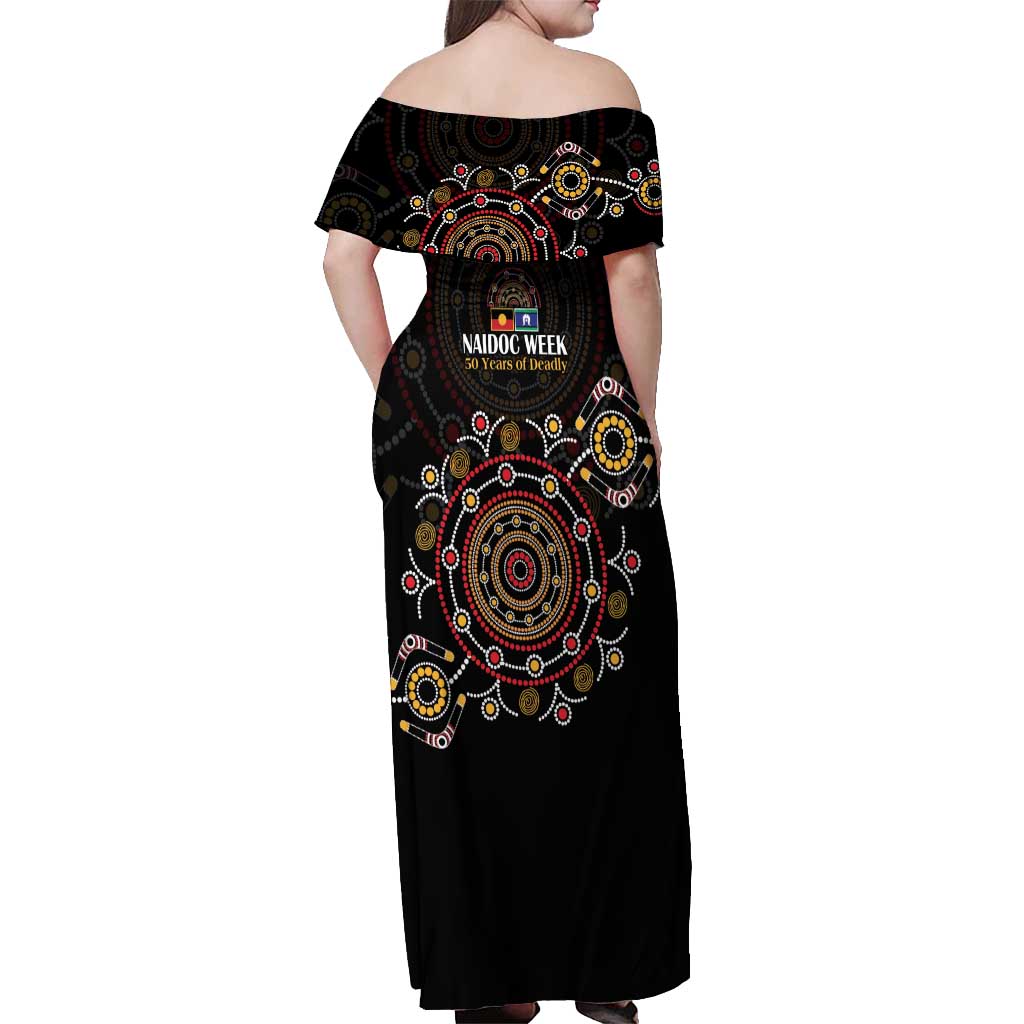 NAIDOC Deadly 50 Years Off Shoulder Maxi Dress Aboriginal Black Gold Boomerang Art