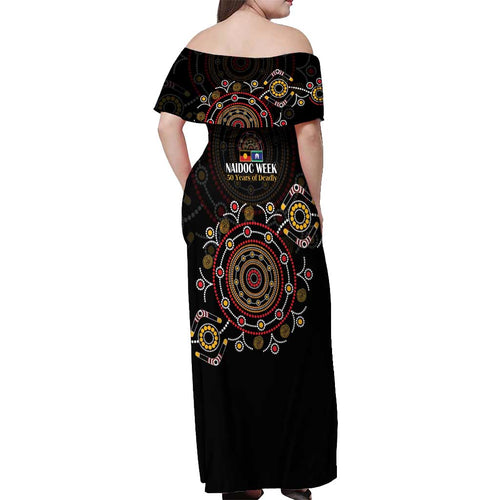 NAIDOC Deadly 50 Years Off Shoulder Maxi Dress Aboriginal Black Gold Boomerang Art