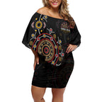 NAIDOC Deadly 50 Years Off Shoulder Short Dress Aboriginal Black Gold Boomerang Art