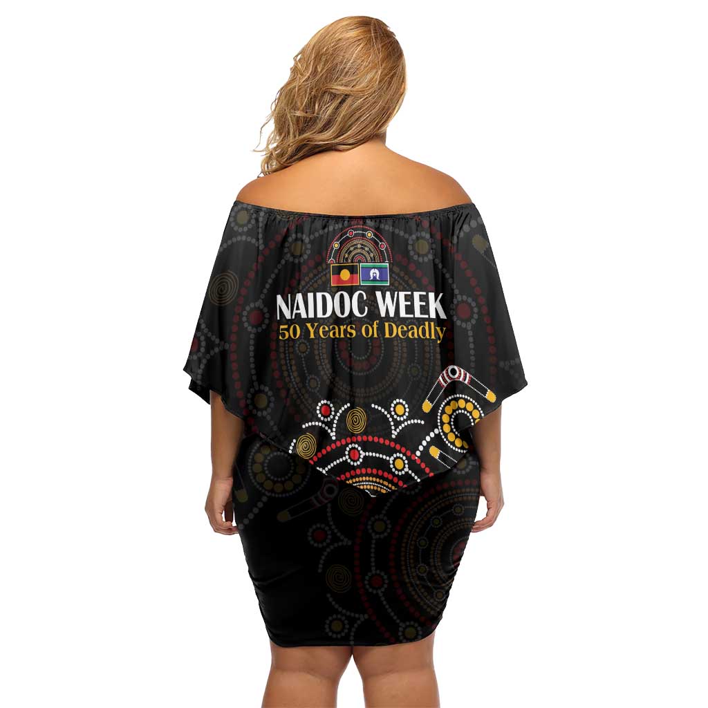 NAIDOC Deadly 50 Years Off Shoulder Short Dress Aboriginal Black Gold Boomerang Art