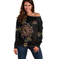 NAIDOC Deadly 50 Years Off Shoulder Sweater Aboriginal Black Gold Boomerang Art