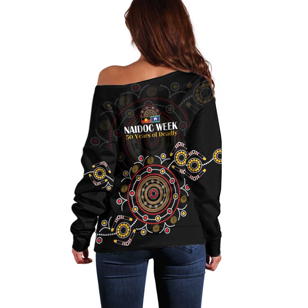 NAIDOC Deadly 50 Years Off Shoulder Sweater Aboriginal Black Gold Boomerang Art