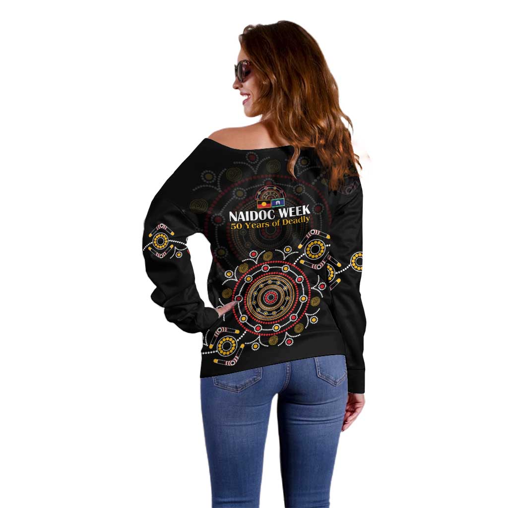 NAIDOC Deadly 50 Years Off Shoulder Sweater Aboriginal Black Gold Boomerang Art