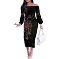 NAIDOC Deadly 50 Years Off The Shoulder Long Sleeve Dress Aboriginal Black Gold Boomerang Art
