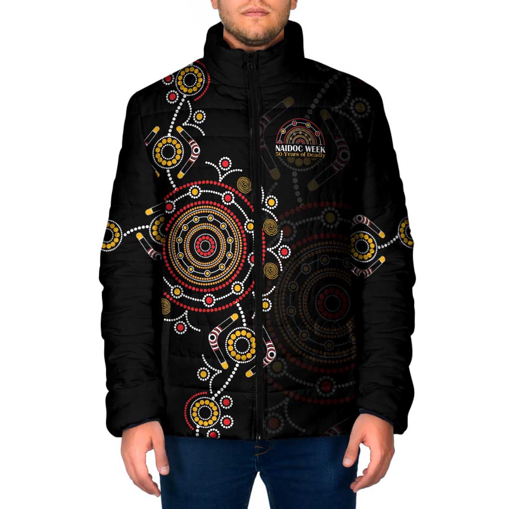 NAIDOC Deadly 50 Years Padded Jacket Aboriginal Black Gold Boomerang Art