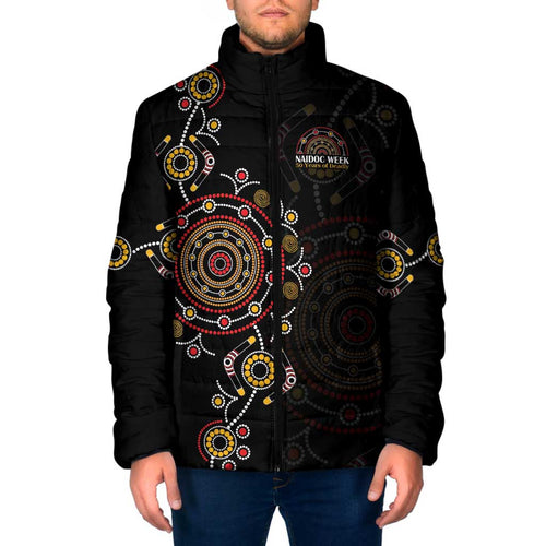 NAIDOC Deadly 50 Years Padded Jacket Aboriginal Black Gold Boomerang Art