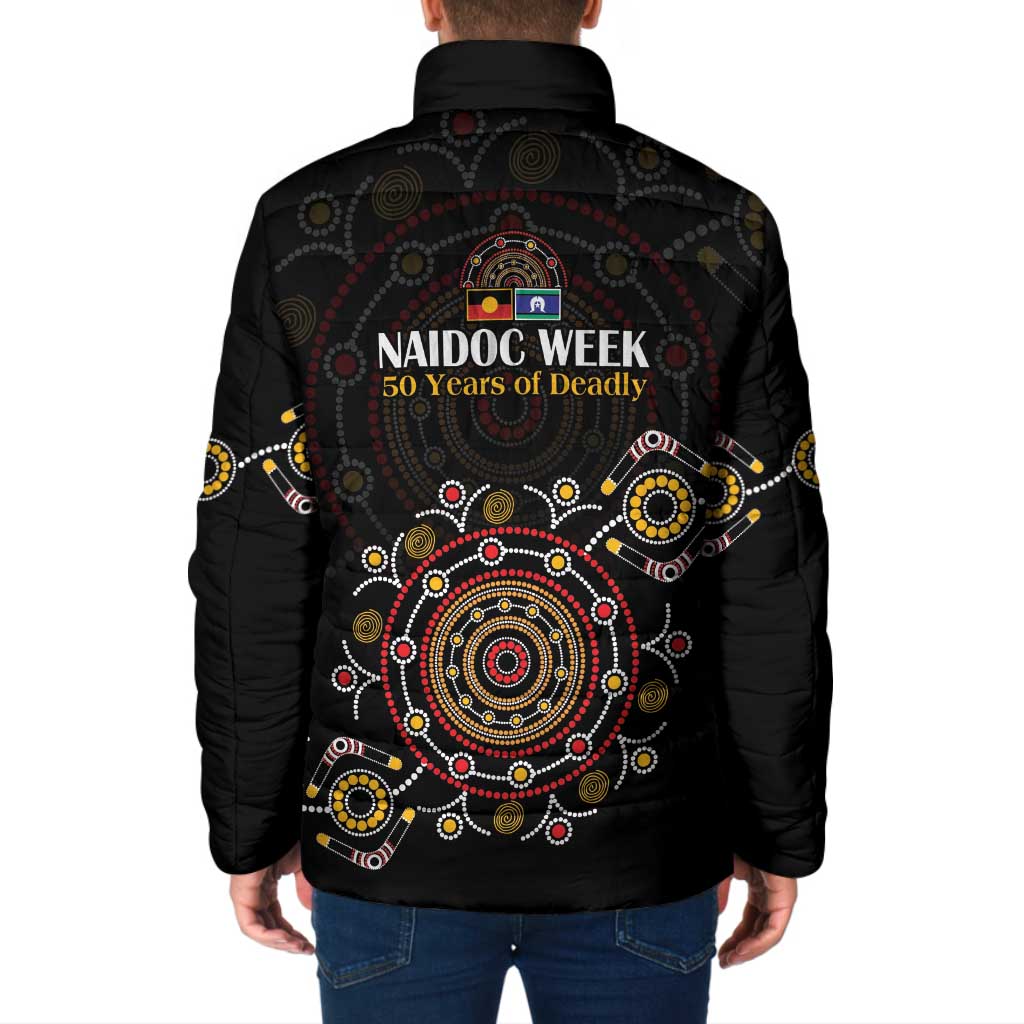 NAIDOC Deadly 50 Years Padded Jacket Aboriginal Black Gold Boomerang Art