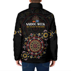 NAIDOC Deadly 50 Years Padded Jacket Aboriginal Black Gold Boomerang Art
