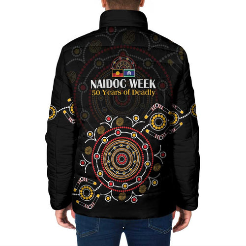 NAIDOC Deadly 50 Years Padded Jacket Aboriginal Black Gold Boomerang Art