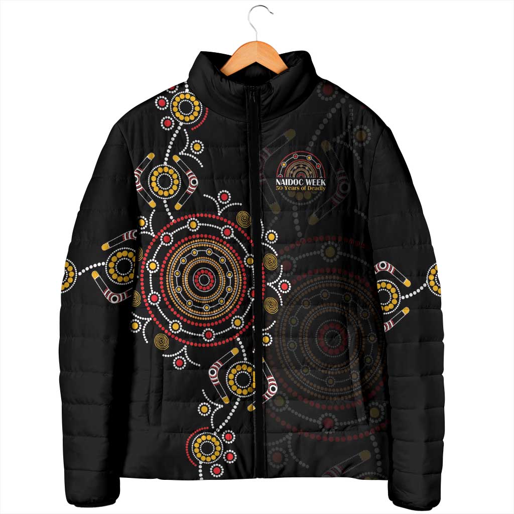 NAIDOC Deadly 50 Years Padded Jacket Aboriginal Black Gold Boomerang Art