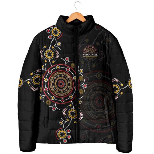 NAIDOC Deadly 50 Years Padded Jacket Aboriginal Black Gold Boomerang Art
