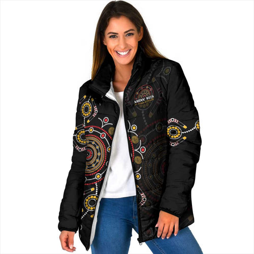 NAIDOC Deadly 50 Years Padded Jacket Aboriginal Black Gold Boomerang Art