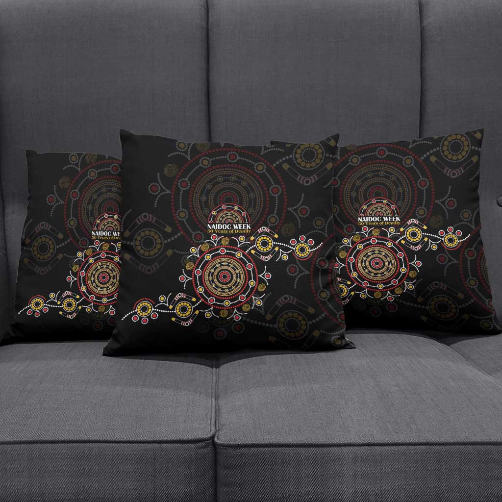 NAIDOC Deadly 50 Years Pillow Cover Aboriginal Black Gold Boomerang Art