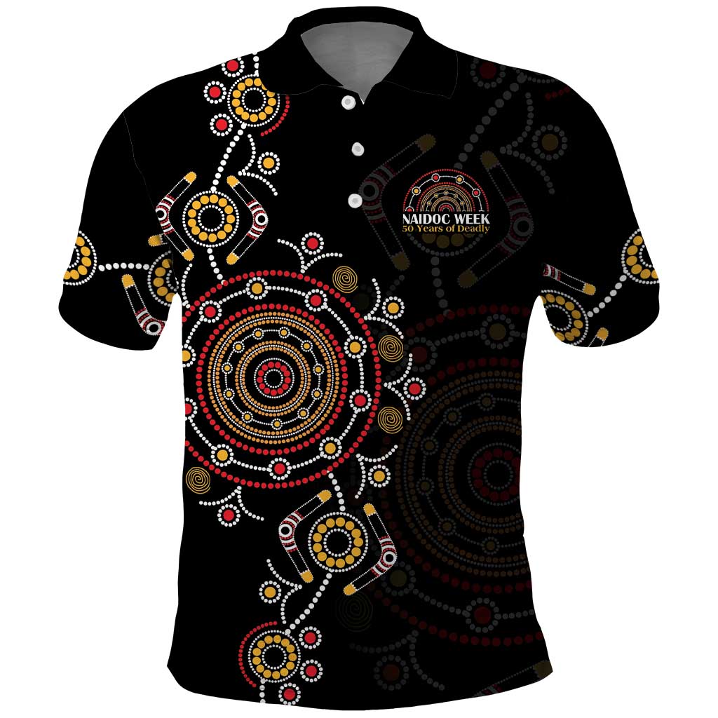 NAIDOC Deadly 50 Years Polo Shirt Aboriginal Black Gold Boomerang Art