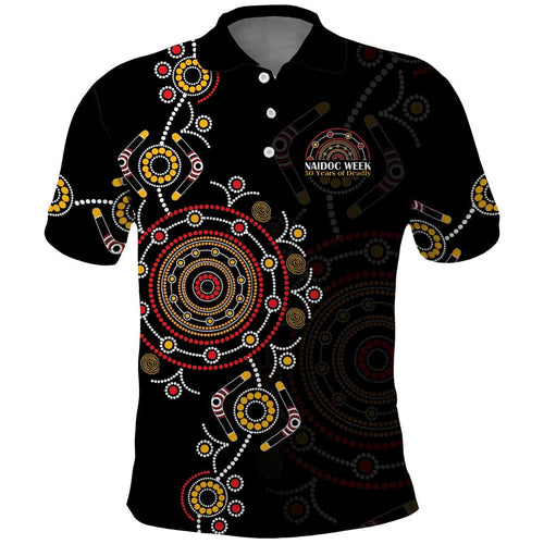 NAIDOC Deadly 50 Years Polo Shirt Aboriginal Black Gold Boomerang Art