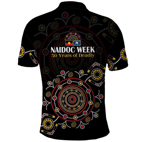 NAIDOC Deadly 50 Years Polo Shirt Aboriginal Black Gold Boomerang Art