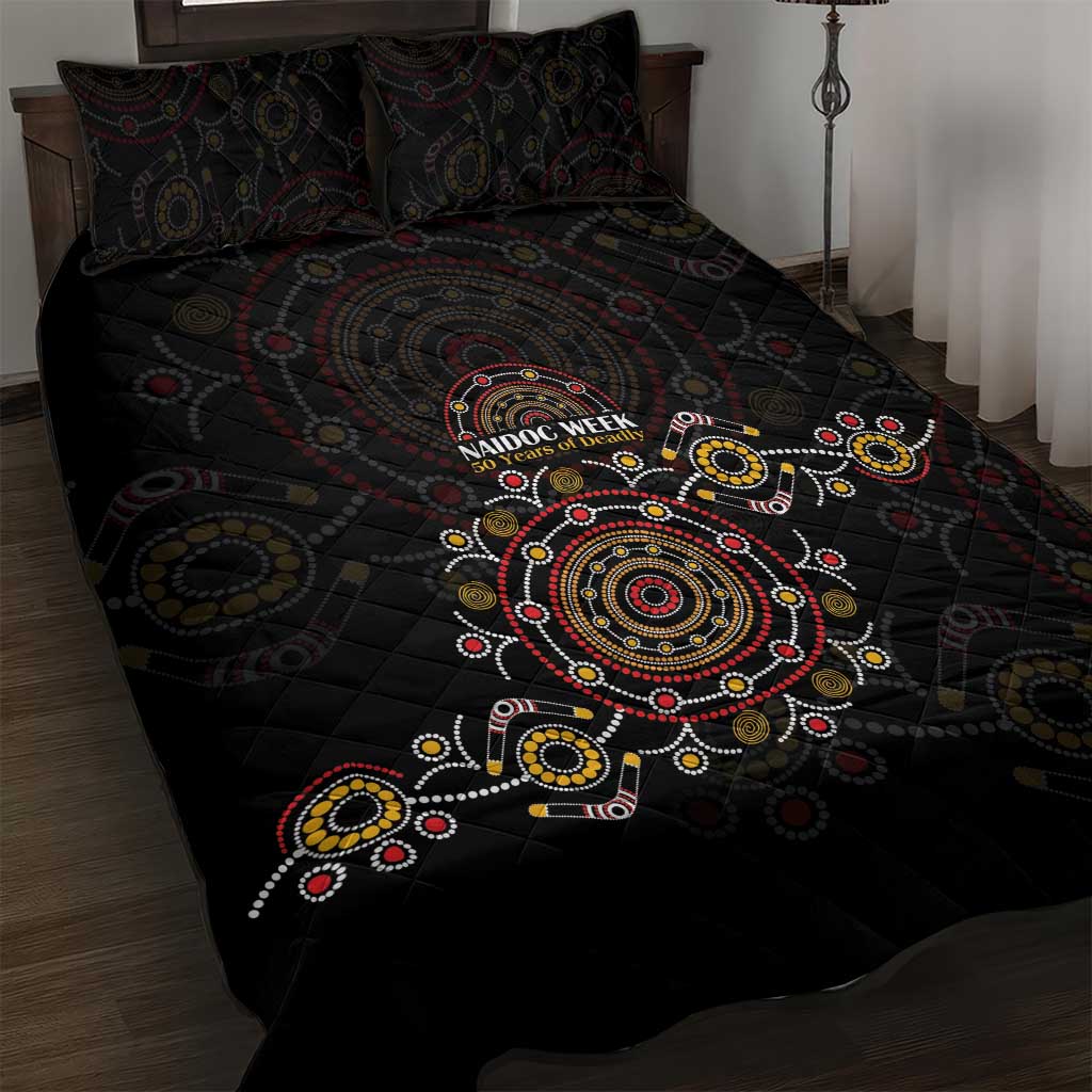 NAIDOC Deadly 50 Years Quilt Bed Set Aboriginal Black Gold Boomerang Art