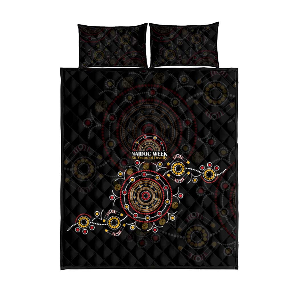 NAIDOC Deadly 50 Years Quilt Bed Set Aboriginal Black Gold Boomerang Art
