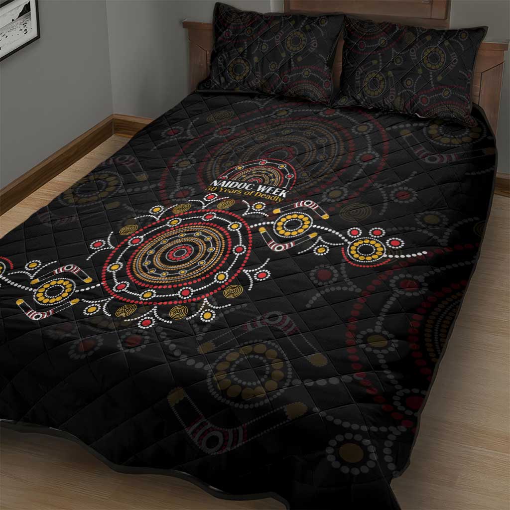 NAIDOC Deadly 50 Years Quilt Bed Set Aboriginal Black Gold Boomerang Art