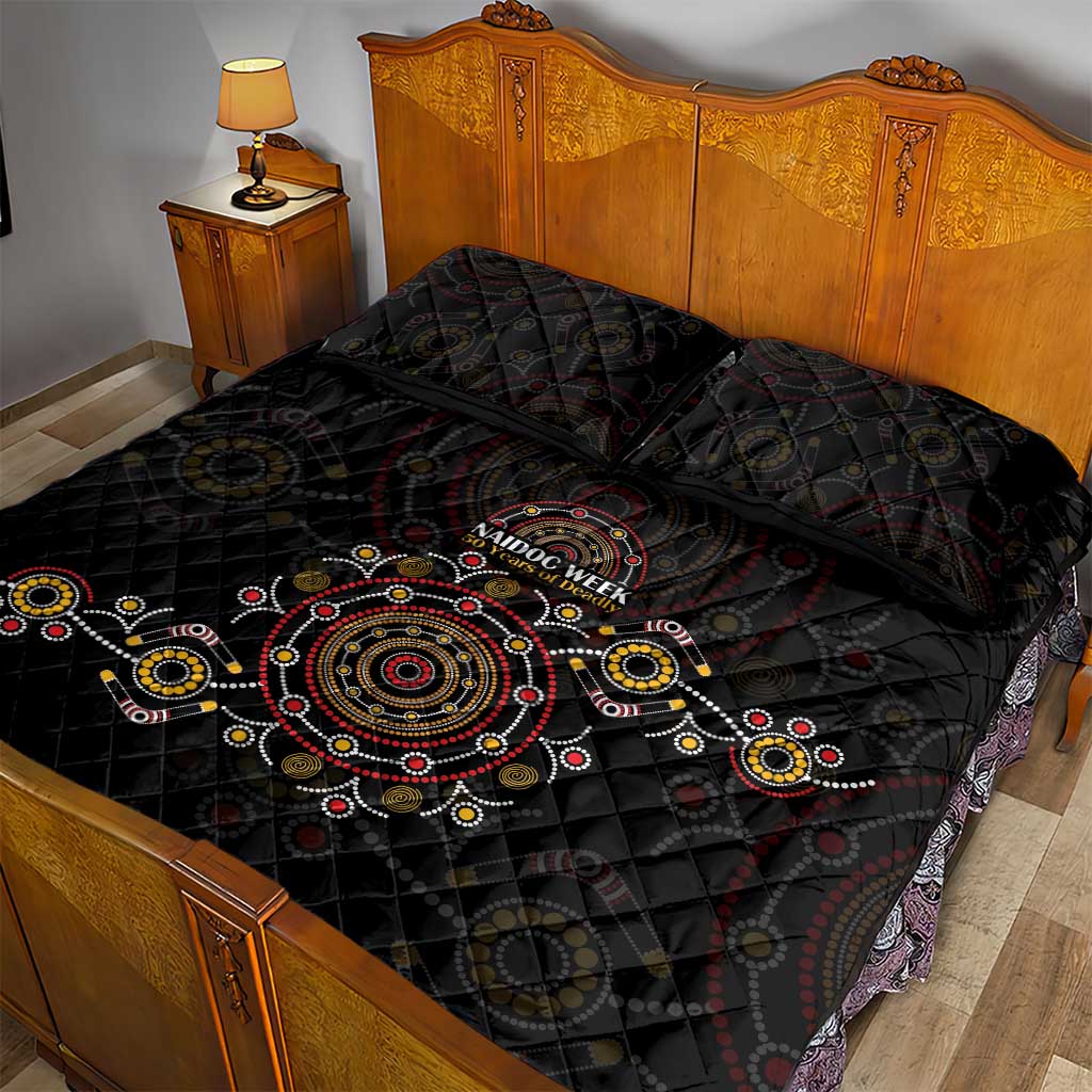 NAIDOC Deadly 50 Years Quilt Bed Set Aboriginal Black Gold Boomerang Art