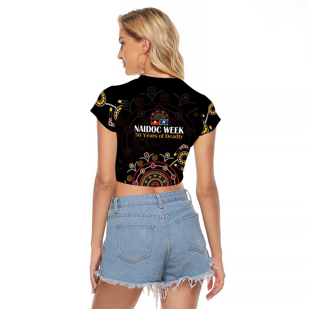 NAIDOC Deadly 50 Years Raglan Cropped T Shirt Aboriginal Black Gold Boomerang Art