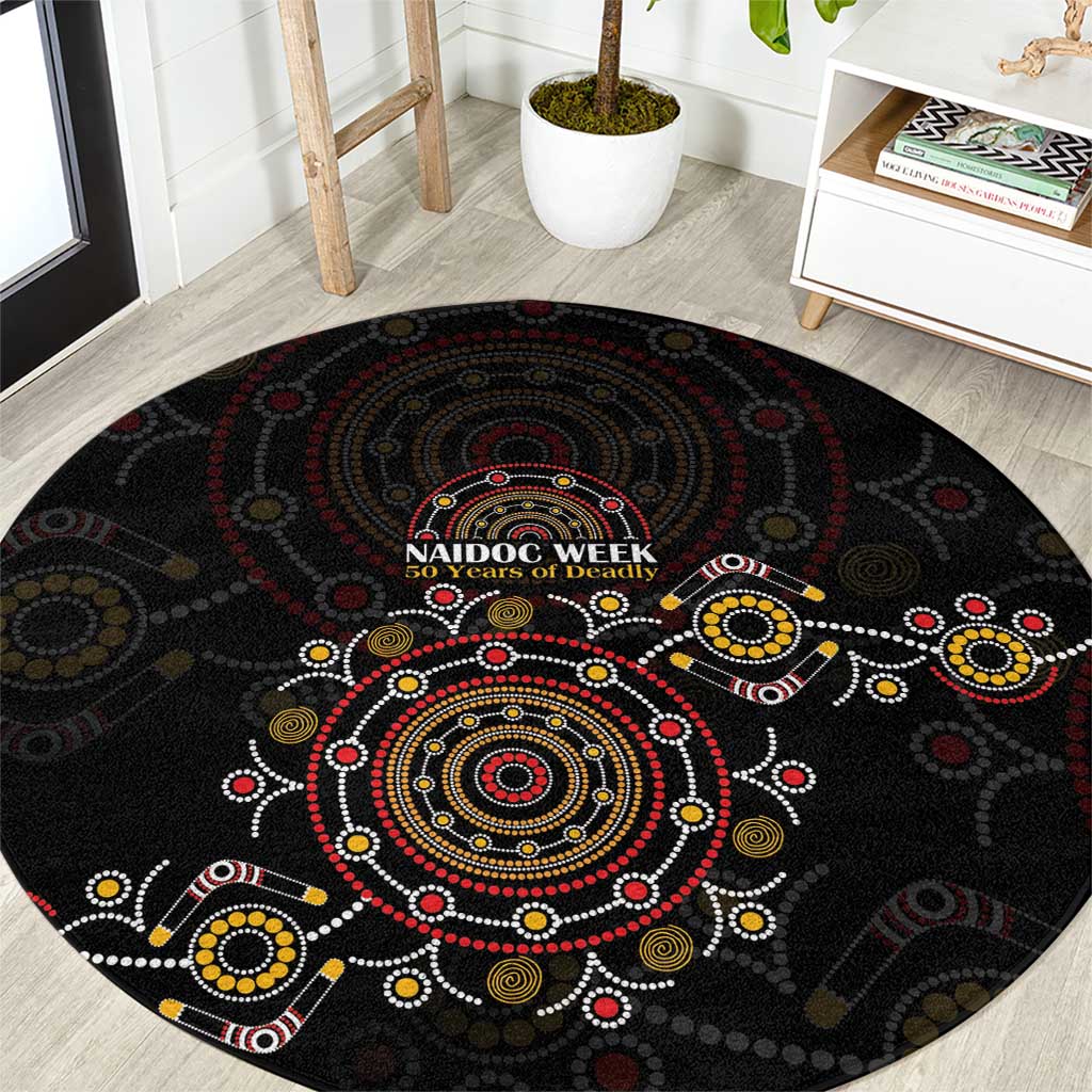NAIDOC Deadly 50 Years Round Carpet Aboriginal Black Gold Boomerang Art