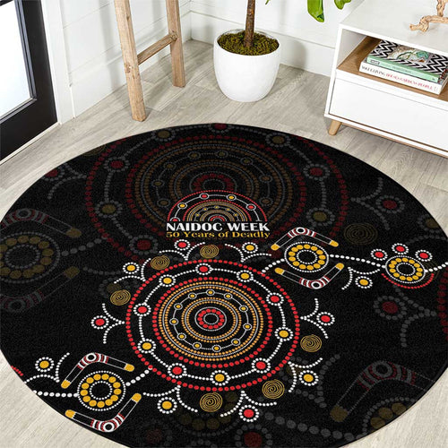 NAIDOC Deadly 50 Years Round Carpet Aboriginal Black Gold Boomerang Art