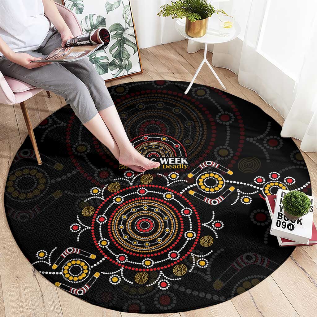 NAIDOC Deadly 50 Years Round Carpet Aboriginal Black Gold Boomerang Art
