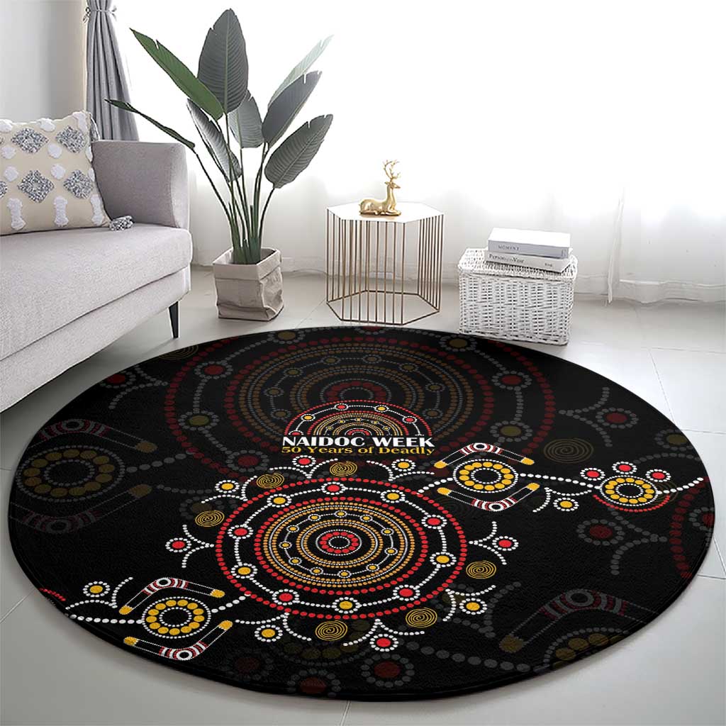 NAIDOC Deadly 50 Years Round Carpet Aboriginal Black Gold Boomerang Art
