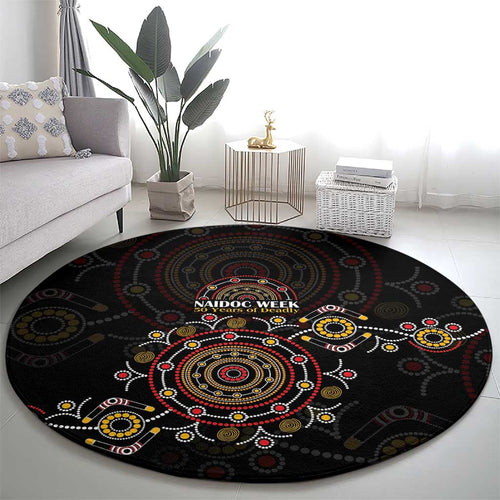 NAIDOC Deadly 50 Years Round Carpet Aboriginal Black Gold Boomerang Art