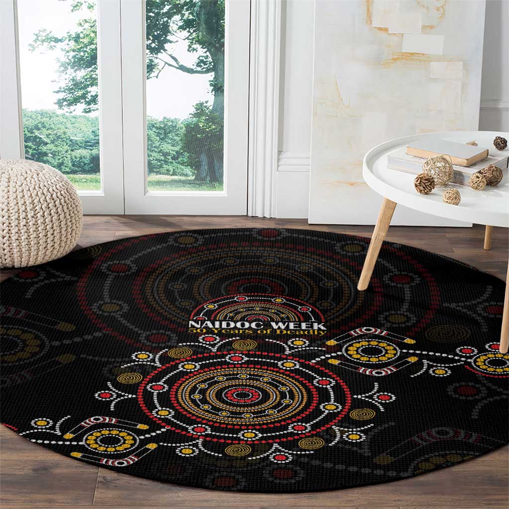 NAIDOC Deadly 50 Years Round Carpet Aboriginal Black Gold Boomerang Art