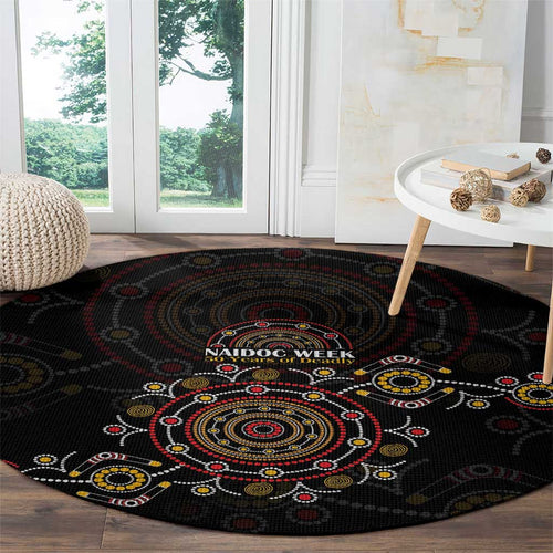 NAIDOC Deadly 50 Years Round Carpet Aboriginal Black Gold Boomerang Art