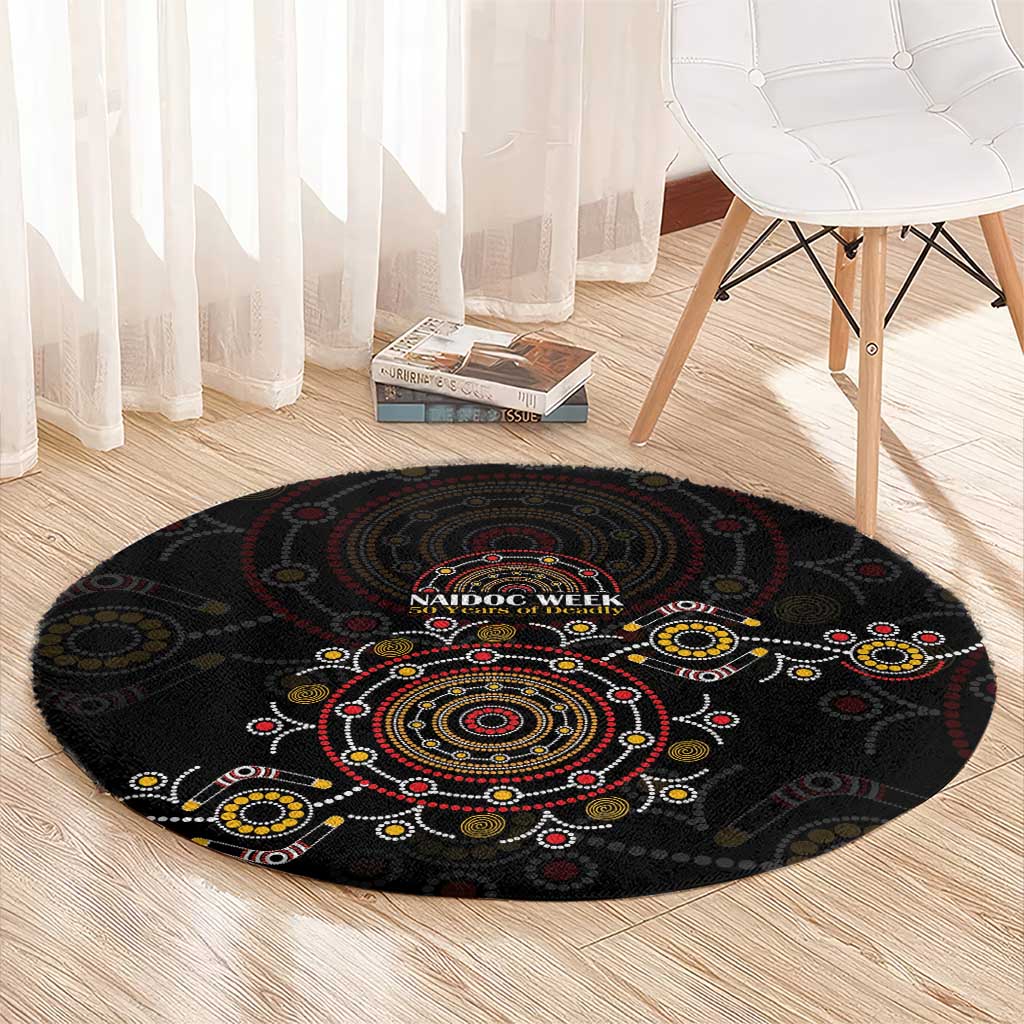 NAIDOC Deadly 50 Years Round Carpet Aboriginal Black Gold Boomerang Art
