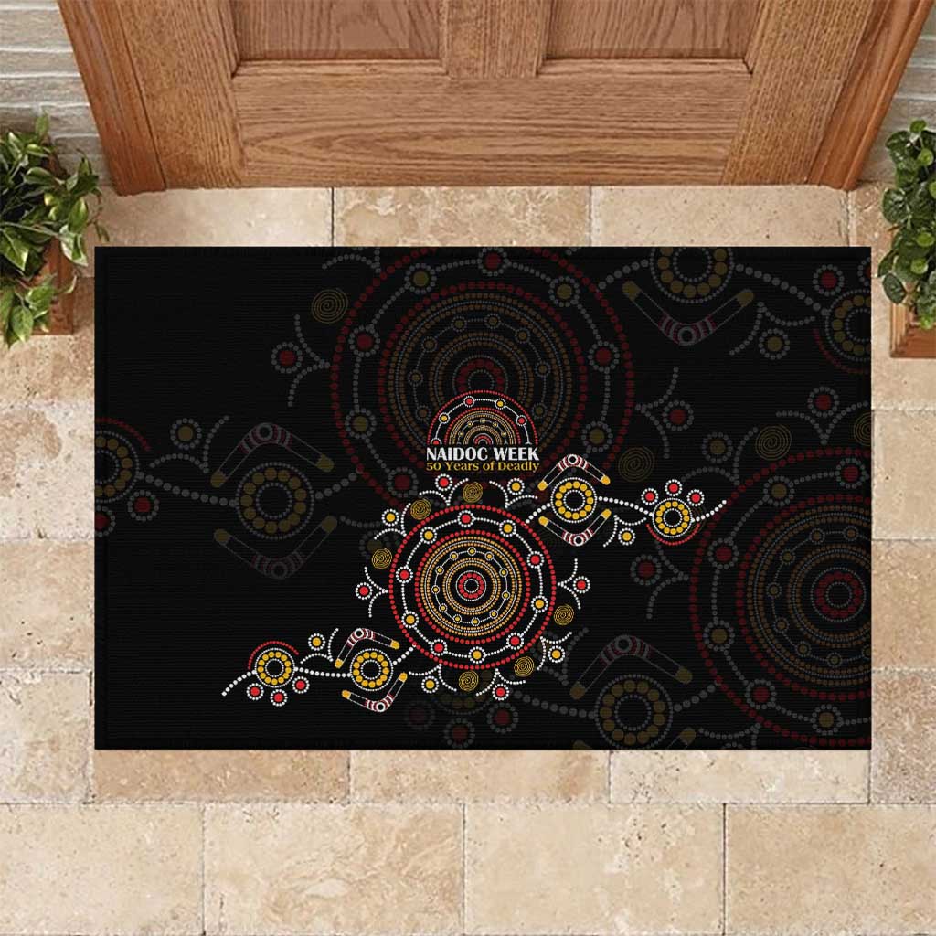 NAIDOC Deadly 50 Years Rubber Doormat Aboriginal Black Gold Boomerang Art