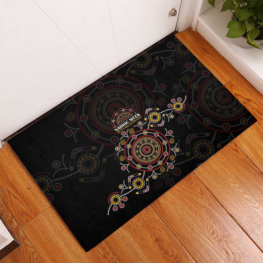 NAIDOC Deadly 50 Years Rubber Doormat Aboriginal Black Gold Boomerang Art
