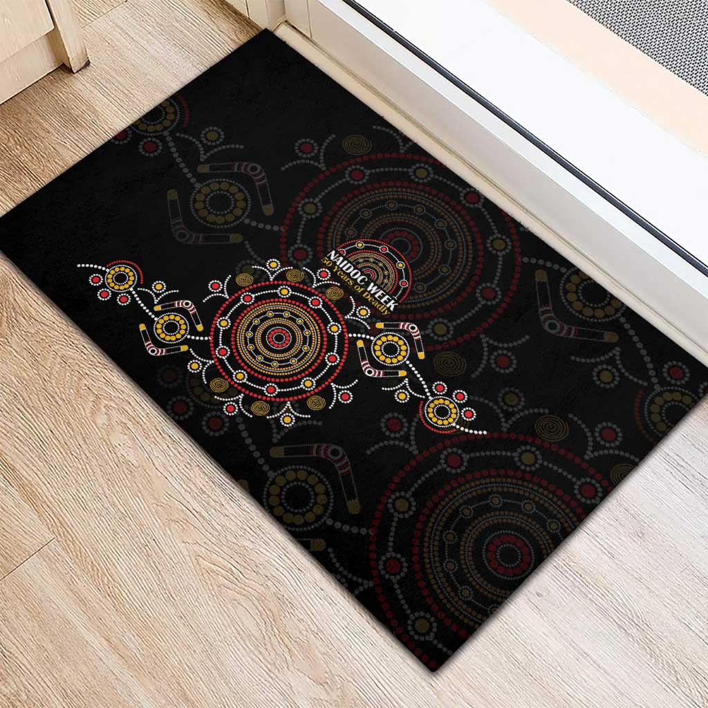 NAIDOC Deadly 50 Years Rubber Doormat Aboriginal Black Gold Boomerang Art