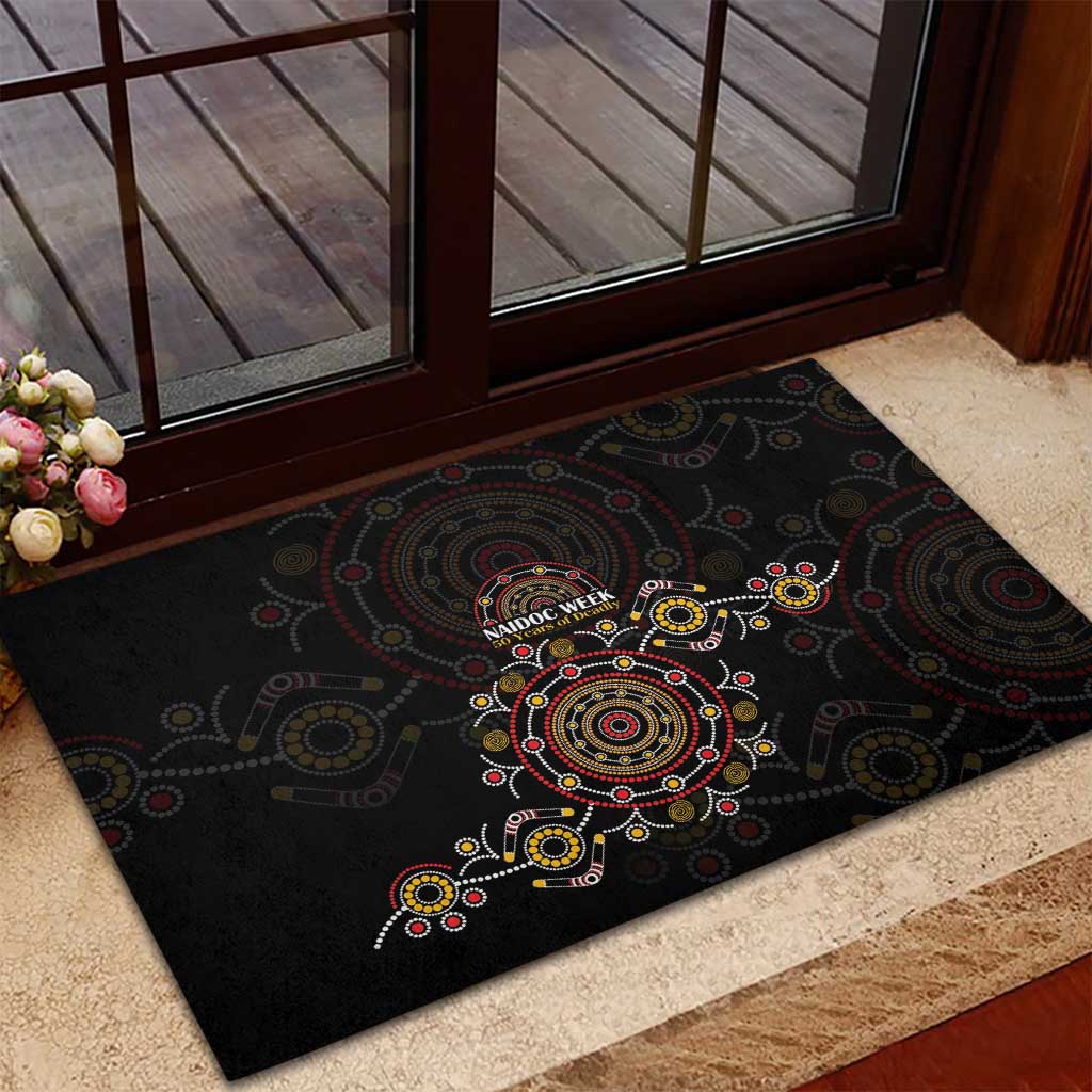 NAIDOC Deadly 50 Years Rubber Doormat Aboriginal Black Gold Boomerang Art