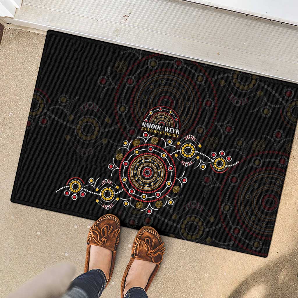 NAIDOC Deadly 50 Years Rubber Doormat Aboriginal Black Gold Boomerang Art