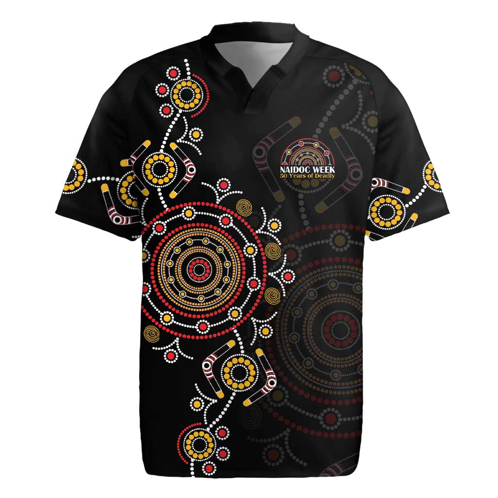 NAIDOC Deadly 50 Years Rugby Jersey Aboriginal Black Gold Boomerang Art