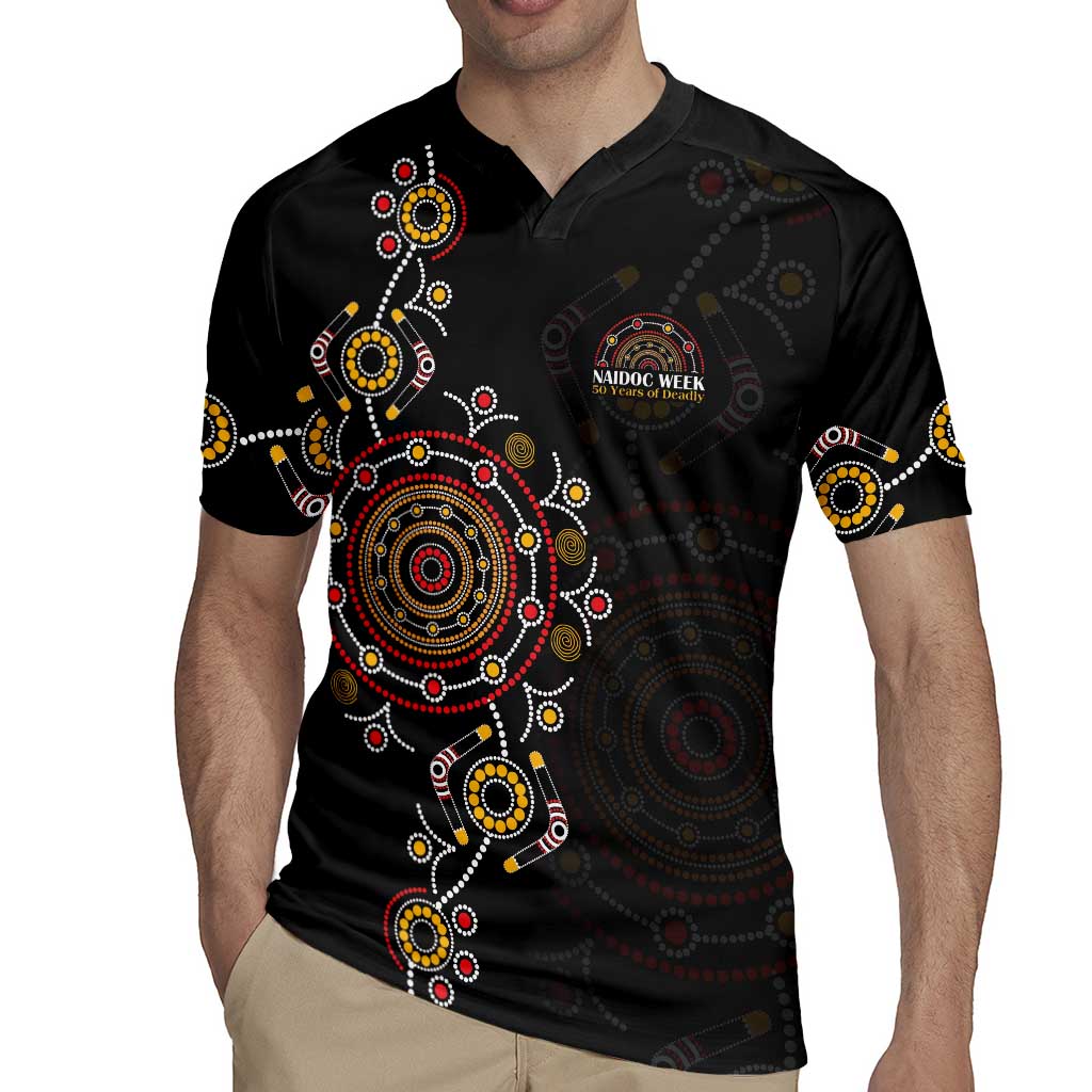 NAIDOC Deadly 50 Years Rugby Jersey Aboriginal Black Gold Boomerang Art