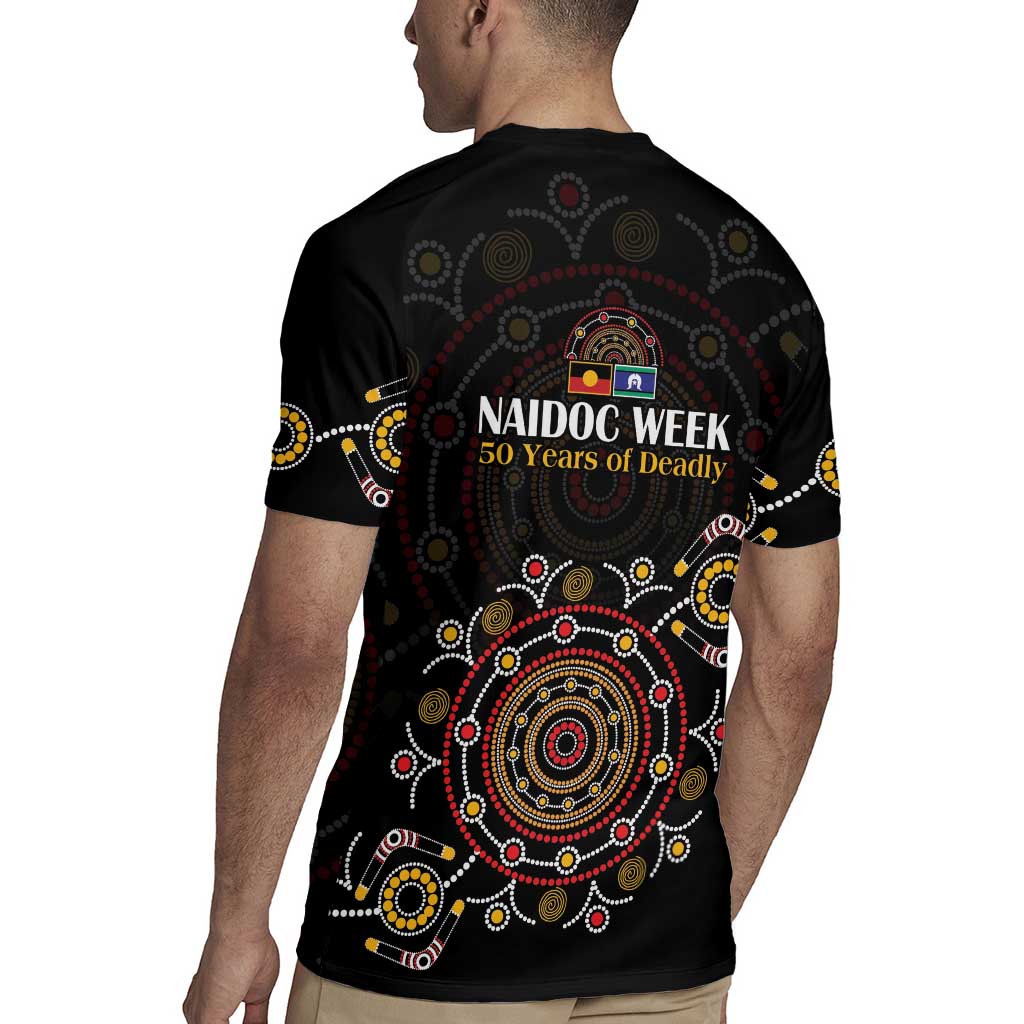 NAIDOC Deadly 50 Years Rugby Jersey Aboriginal Black Gold Boomerang Art