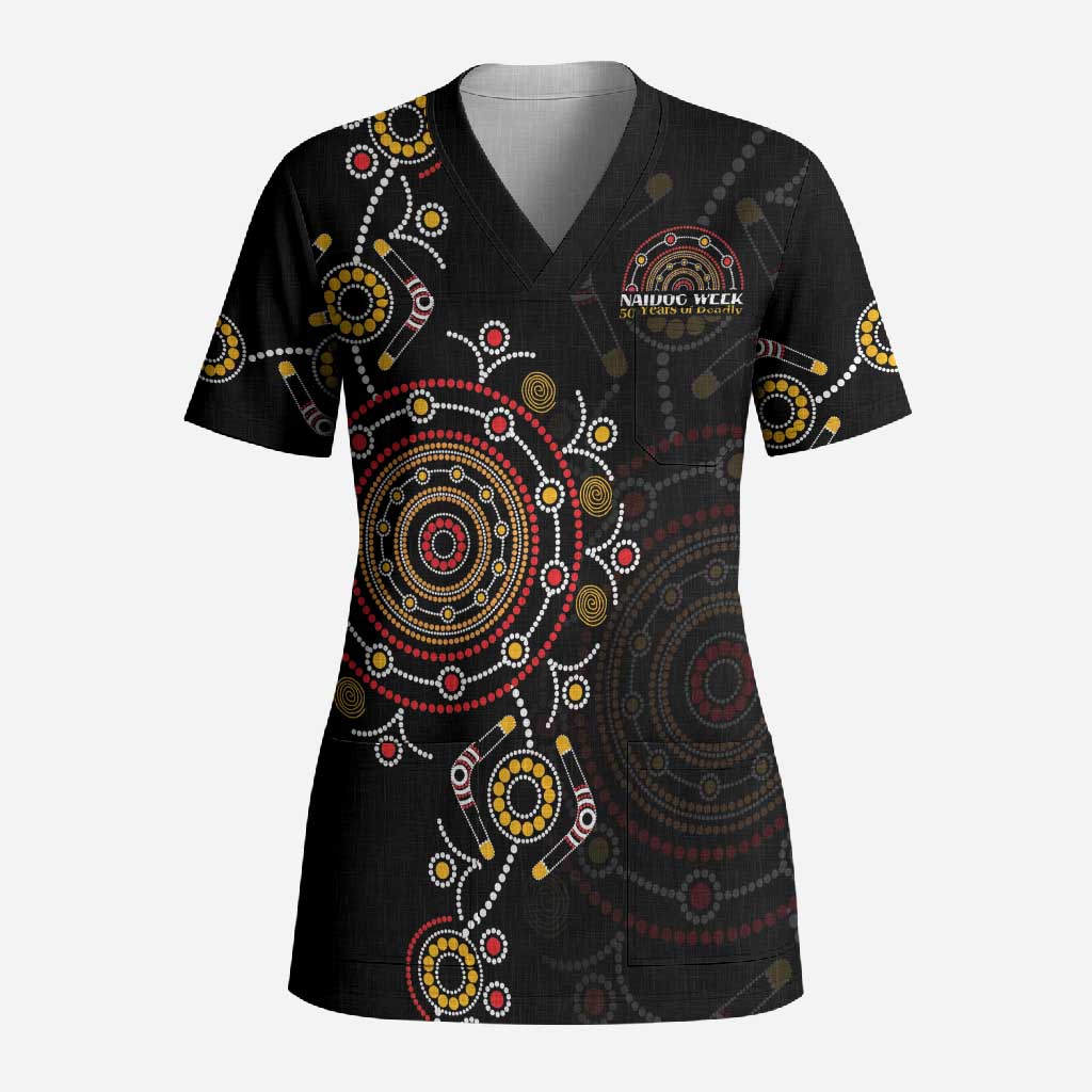 NAIDOC Deadly 50 Years Scrub Top Aboriginal Black Gold Boomerang Art