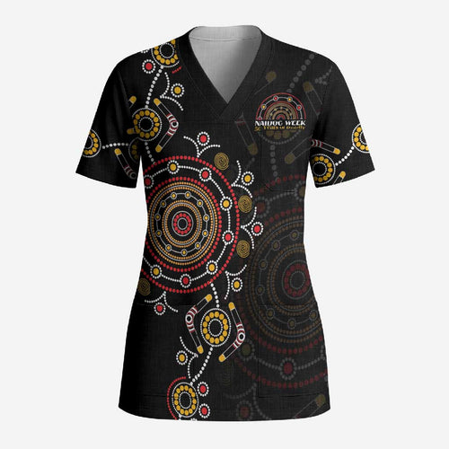 NAIDOC Deadly 50 Years Scrub Top Aboriginal Black Gold Boomerang Art