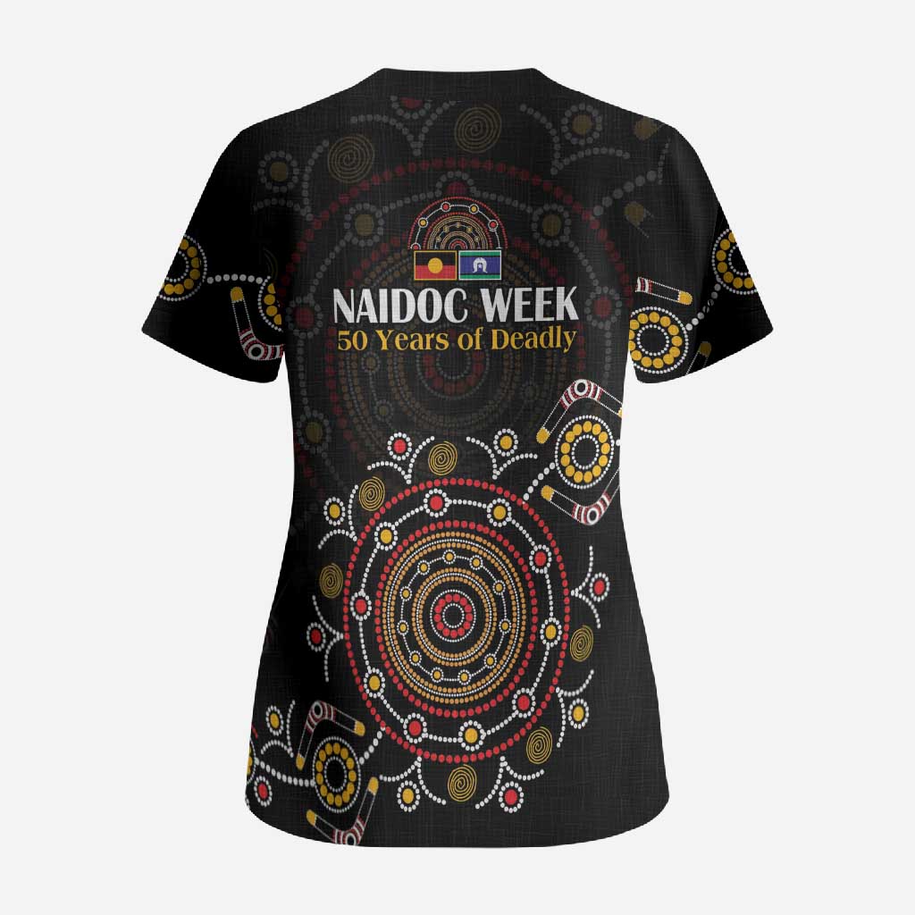 NAIDOC Deadly 50 Years Scrub Top Aboriginal Black Gold Boomerang Art