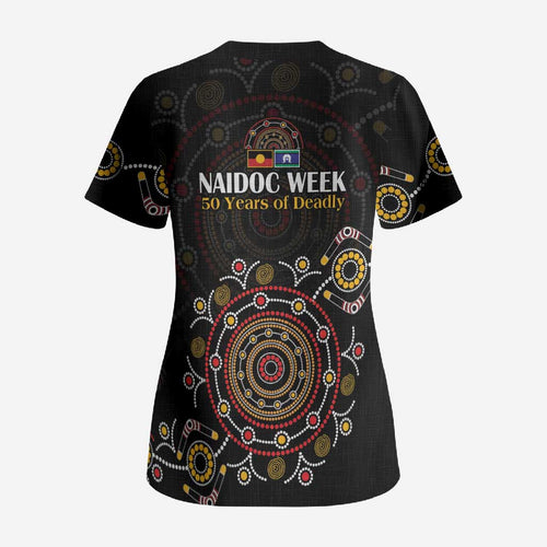 NAIDOC Deadly 50 Years Scrub Top Aboriginal Black Gold Boomerang Art