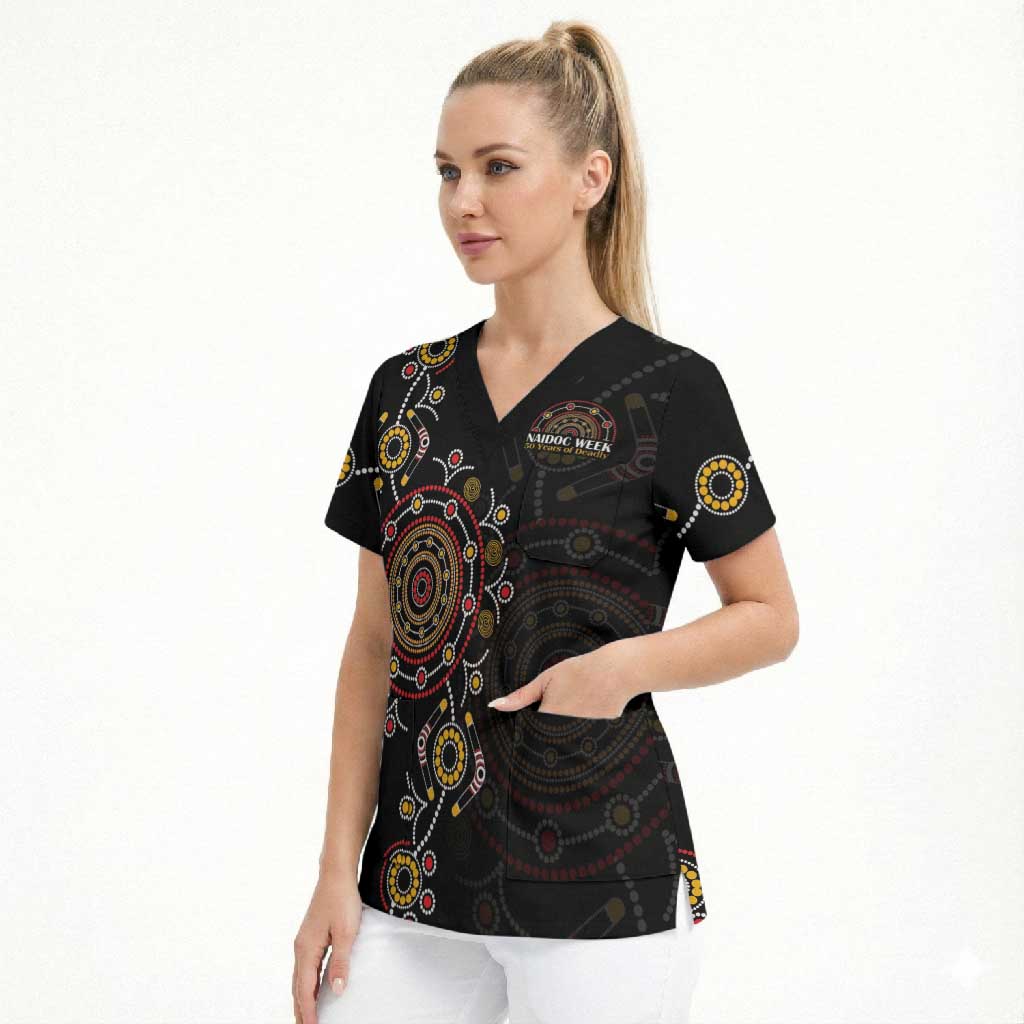 NAIDOC Deadly 50 Years Scrub Top Aboriginal Black Gold Boomerang Art