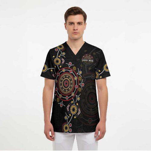NAIDOC Deadly 50 Years Scrub Top Aboriginal Black Gold Boomerang Art