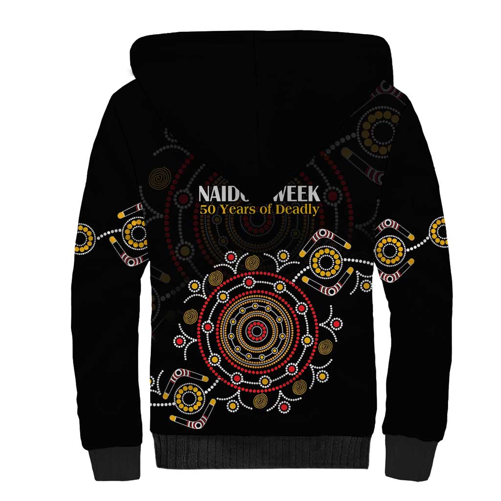 NAIDOC Deadly 50 Years Sherpa Hoodie Aboriginal Black Gold Boomerang Art